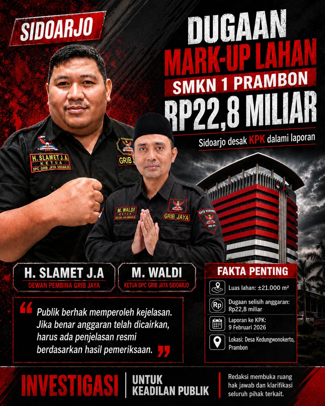 Dugaan Mark-Up Lahan SMKN 1 Prambon Kian Menguat, GRIB Jaya Kawal Laporan ke KPK